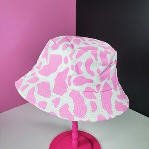 Pink strawberry cow print bucket hat